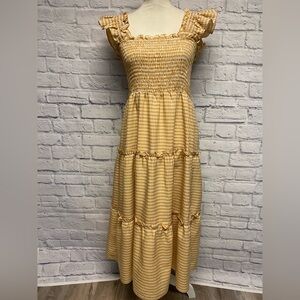 Sugar + Lips Katie Striped Smocked Bodice Gingham Midi Dress Sz L